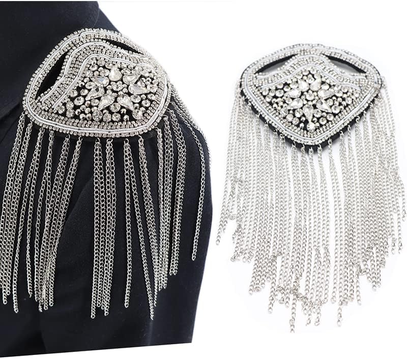 Zthread Crystal Beaded Shoulder Epaulete Badge Rhinestone Shoulder Brooch Pin Gold Chain Tassel Fringe Shoulder Epaullette (Silver) - Image 1